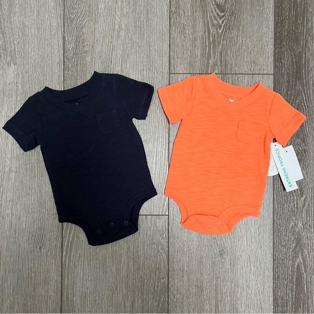 KOALA KIDS SET OF 2 SHORT SLEEVE V NECK BODYSUITS BLUE ORANGE 0-3MO NWT